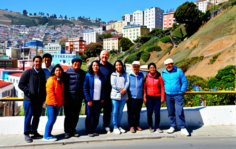A diverse group of individuals, including men and women of various ages, enjoying a sunny day in Valparaíso, Chile. They are dressed in casual, modest, and appropriate attire suitable for exploring a vibrant coastal city, such as light jackets, comfortable trousers, and closed-toe shoes. All subjects are fully clothed. The background features the iconic colorful hillside houses of Valparaíso, adorned with intricate street art and graffiti, cascading down towards the Pacific Ocean. Old funiculars (*ascensores*) can be seen on the hills. The scene captures the lively, artistic atmosphere of the city. Professional photography, high-resolution, sharp focus, natural daylight, vivid colors, realistic style, perfect anatomy, correct proportions, natural poses, well-formed hands, proper finger count, safe for work, appropriate content, fully clothed, family-friendly.