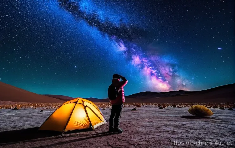 칠레 날씨와 계절별 옷차림 - **Atacama Desert Stargazer:** A solo traveler, dressed in warm, layered outdoor clothing including a...