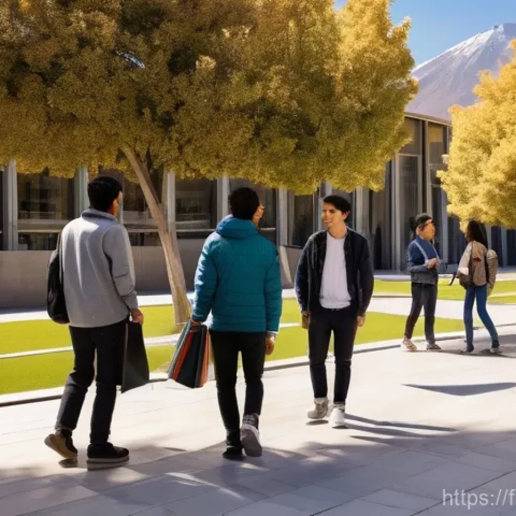 칠레에서 스페인어 배우기 - **Prompt:** A group of diverse young adult students, warmly dressed in stylish yet casual attire sui...