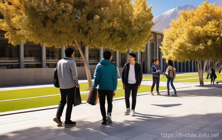 칠레에서 스페인어 배우기 - **Prompt:** A group of diverse young adult students, warmly dressed in stylish yet casual attire sui...