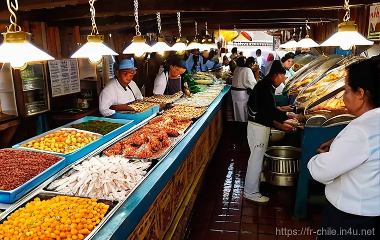 칠레 대표 해산물 요리 - Image Prompt 1: Bustling Chilean Seafood Market** 칠레 대표 해산물 요리 - Image Prompt 1: Bustling Chilean Seafood Market**