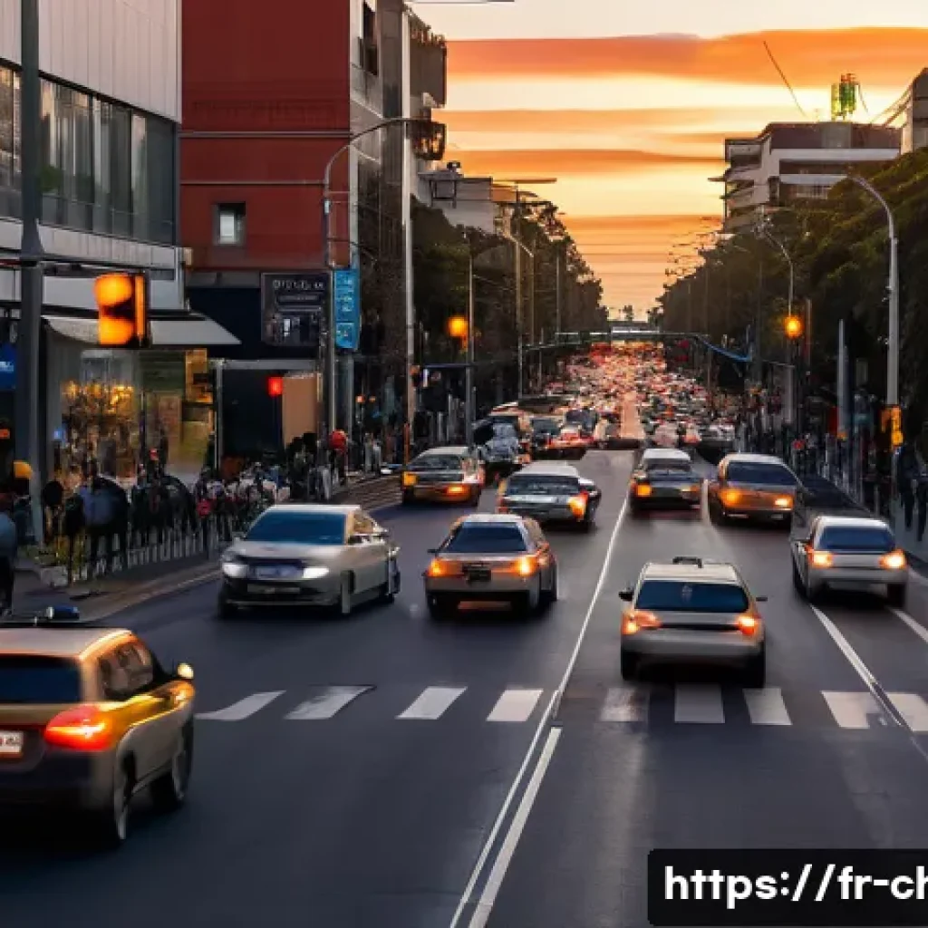 칠레 교통사고 주요 원인 - A busy urban Chilean street scene at dusk showing a mix of cars and motorcycles navigating through t...