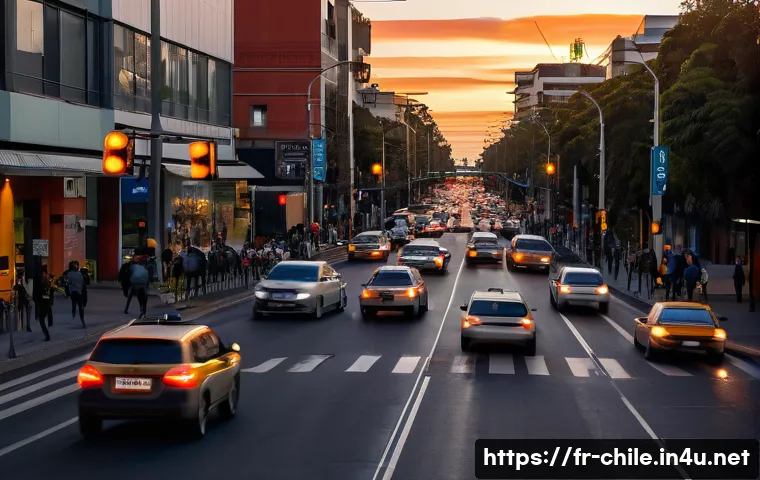 칠레 교통사고 주요 원인 - A busy urban Chilean street scene at dusk showing a mix of cars and motorcycles navigating through t...