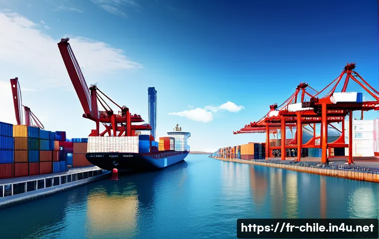 칠레와 한국의 무역 협정 - A vibrant international trade scene between two emerging economies, showcasing a bustling port with ...