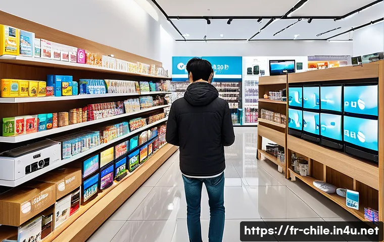 칠레에서 한국 제품 수입 현황 - A bustling modern electronics store in Santiago, Chile, showcasing a vibrant display of South Korean...