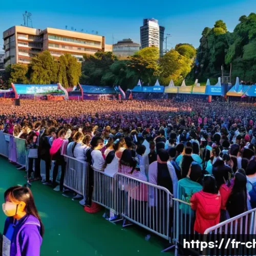 Home 32 칠레에서의 K POP 콘서트 개최 - A vibrant outdoor K-POP festival in Santiago, Chile, during sunset with a large diverse crowd of ent...