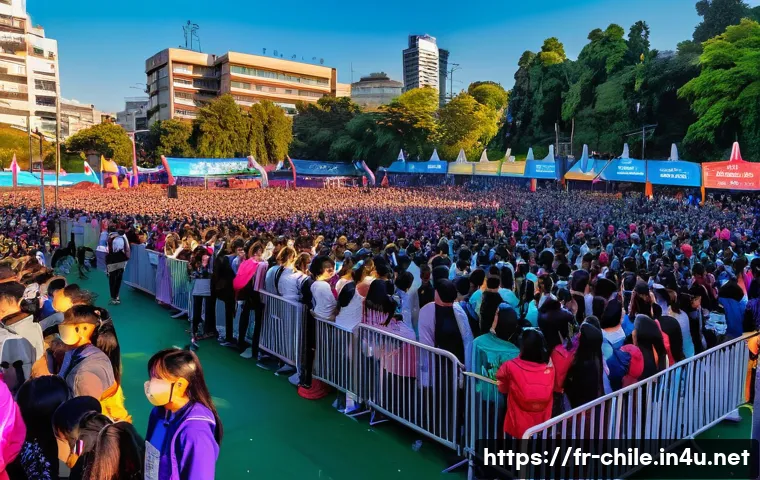 칠레에서의 K POP 콘서트 개최 - A vibrant outdoor K-POP festival in Santiago, Chile, during sunset with a large diverse crowd of ent...