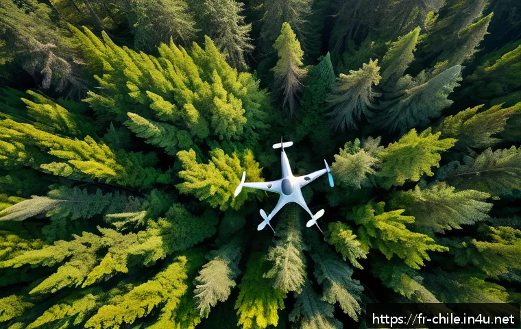 칠레 산림 보호 정책 - A detailed aerial view of a lush Chilean forest being monitored by advanced drones flying overhead, ...