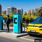 Home 23 칠레 전기차 시장 현황 - A vibrant urban scene in Santiago, Chile, showcasing a modern electric vehicle charging station inte...