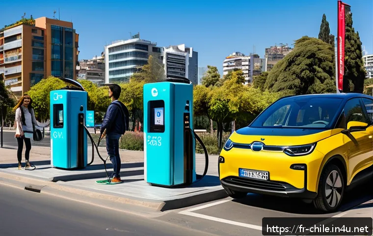 칠레 전기차 시장 현황 - A vibrant urban scene in Santiago, Chile, showcasing a modern electric vehicle charging station inte...