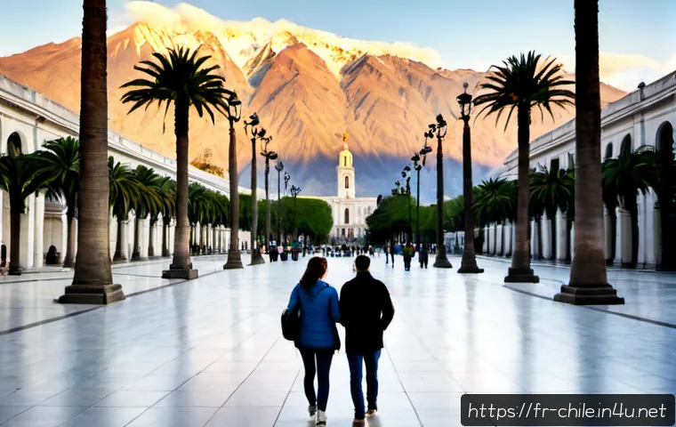 Home 17 칠레 수도 산티아고 여행 - Photorealistic wide-angle travel scene in Santiago, Chile, showing a relaxed French-speaking couple ...