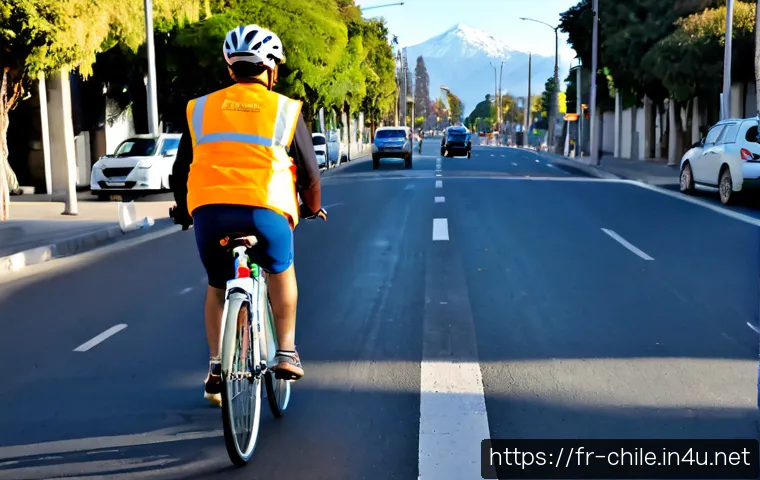 Home 17 칠레에서 자전거 이용 시 주의사항 - Photorealistic morning street scene in Santiago, Chile, a cyclist wearing a bright helmet and reflec...